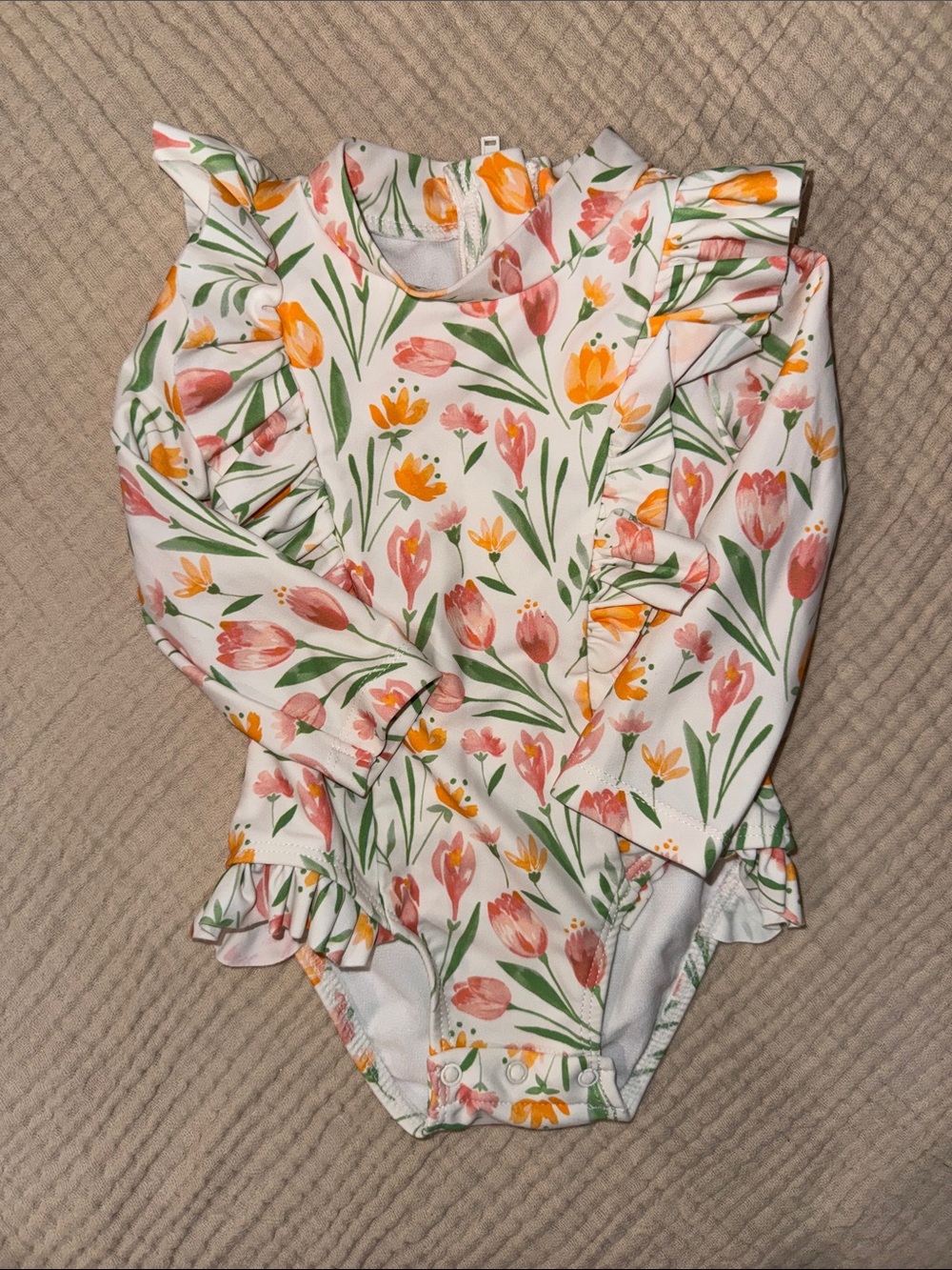 Little Me White Long-Sleeve One-Piece Swimsuit with Pink & Yellow Floral Print